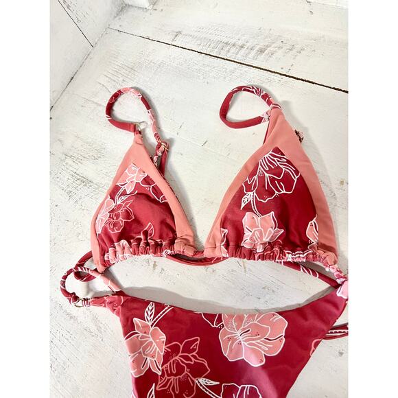 KB Swim Floral Bikini Top & High Leg Bikini Bottom Set Red/Pink Women's Size S - Picture 3 of 5